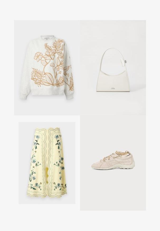 Sweat-shirt gris avec un motif floral brodé en or. Il présente un col rond ainsi que des poignets et un ourlet côtelés. Tissu doux et texturé.; Jupe jaune mi-genoux avec bords festonnés et broderie florale en bleu, vert et jaune, avec une fente centrale et des coutures décoratives.; Baskets décontractées beige clair avec surface texturée, design à lacets et semelle en caoutchouc blanche vues de côté sur un fond uni.; Sac à épaule en cuir blanc avec un dessus arrondi, petite pince à griffes sur la sangle et logo "Marc Jacobs" en argent au centre avant.
