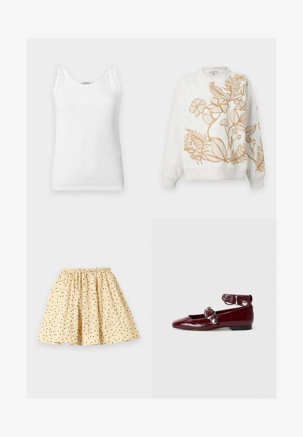 Sweat-shirt gris avec un motif floral brodé en or. Il présente un col rond ainsi que des poignets et un ourlet côtelés. Tissu doux et texturé.; Débardeur blanc côtelé sans manches avec bordure en dentelle sur les bretelles, doté d'un col rond.; Jupe beige à pois noirs, taille élastique froncée et design évasé plissé, posée à plat sur un fond clair.; Ballerines en cuir verni bordeaux avec un bout pointu, une bride de cheville avec une boucle en argent et un petit talon. Texture lisse sur l'ensemble.