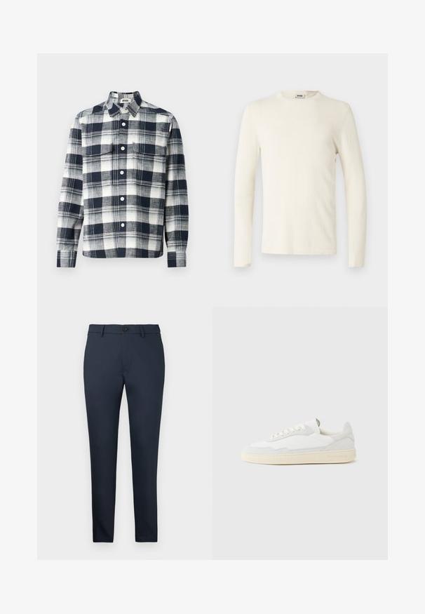 Langärmeliges T-Shirt mit Rundhalsausschnitt in Off-White, aus weichem Baumwollmaterial mit glatter Textur und minimalistischem Design. Keine sichtbaren Muster.; Karierte Hemd aus Stoff in Marineblau und Weiß. Mit button-down Kragen, Brusttasche und langen Ärmeln.; Dunkelblaues Hosenpaar aus einem glatten, strukturierten Stoff. Schmaler Schnitt mit flachem Vorderteil, Knopfverschluss und Gürtelschlaufen. Keine sichtbaren Muster.; Weißer Sneaker mit strukturiertem Obermaterial aus Wildleder und Leder. Verfügt über eine runde Zehenpartie, Schnürverschluss und eine kontrastierende beige Gummisohle.