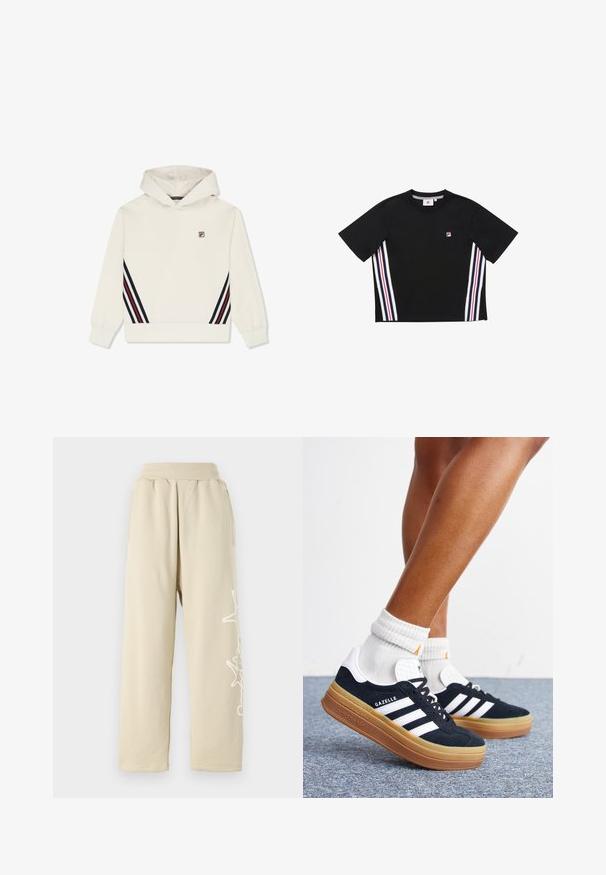 Weißer Kapuzenpullover mit schwarzen und roten diagonalen Streifen in Taillennähe und einem kleinen Fila-Logo auf der linken Brust.; Schwarzes kurzärmeliges T-Shirt mit navyblauen, roten und weißen vertikalen Streifen an den Seiten und kleinem Logo auf der linken Brust.; Beige Sweatpants mit lockerer Passform, einem elastischen Bund, Seitentaschen und einem weißen grafischen Detail entlang des linken Beins. Aus weichem Baumwollmaterial.; Beine mit weißen Socken und schwarzen Adidas Gazelle Sneakers mit weißen Streifen und dicken braunen Sohlen auf einem grauen Teppichboden.