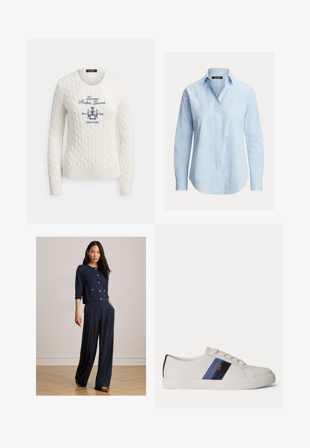 Biely sveter s vrkočovým vzorom a námornícky modrým vyšívaným nápisom "Lauren Ralph Lauren", erbom a textom "Est. 1996 New York" na prednej strane.; Svetlomodrá košeľa s dlhým rukávom, golierom, bielymi gombíkmi a jemným logom na ľavej strane hrudníka.; Žena v tmavomodrom zapínacom kardigane so zlatými gombíkmi a širokých nohaviciach, stojaca na drevenej podlahe pred obyčajnou stenou.; Biele nízke tenisky s modrými koženými pruhmi a zlatým logom "RL" na boku, biele šnúrky a textúrovaná gumová podrážka.