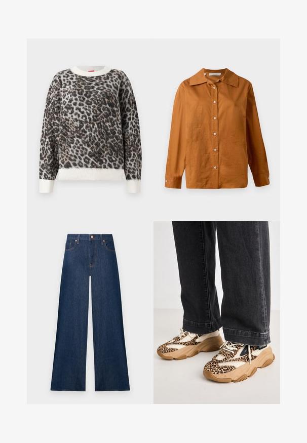 Sweater med leopardmønster, fremstillet af et blødt, tekstureret stof, rund halsudskæring og cremefarvet ribkant i både bund og ærmer. Farveskemaet inkluderer sorte, brune og cremefarvede nuancer.; Langærmet, knap-op skjorte i rustbrun med bred krave og hvide knapper, præsenteret mod en hvid baggrund.; Mørkeblå vidde jeans i denim med knapper foran og lommer, vist mod en ensfarvet lys baggrund.; Sneakers med leopardprint og mesh- og læderpaneler, tan-gummisål og kontrasterende sorte accenter. Båret med løstsiddende mørke jeans.