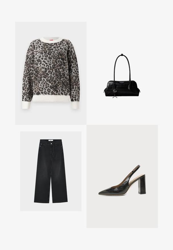 Sweater med leopardmønster, fremstillet af et blødt, tekstureret stof, rund halsudskæring og cremefarvet ribkant i både bund og ærmer. Farveskemaet inkluderer sorte, brune og cremefarvede nuancer.; Sorte vidde jeans med høj talje, bæltestropper, forreste knap- og lynlåslukning samt et stofbælte bundet i taljen.; Sort læder peep-toe slingback sko med høj blokhæl og beige indvendig foring mod en ensfarvet lys baggrund.; Sort skuldertaske i krokodillelæder med lange stropper og lille sølvlogo-charm på den ene strop.