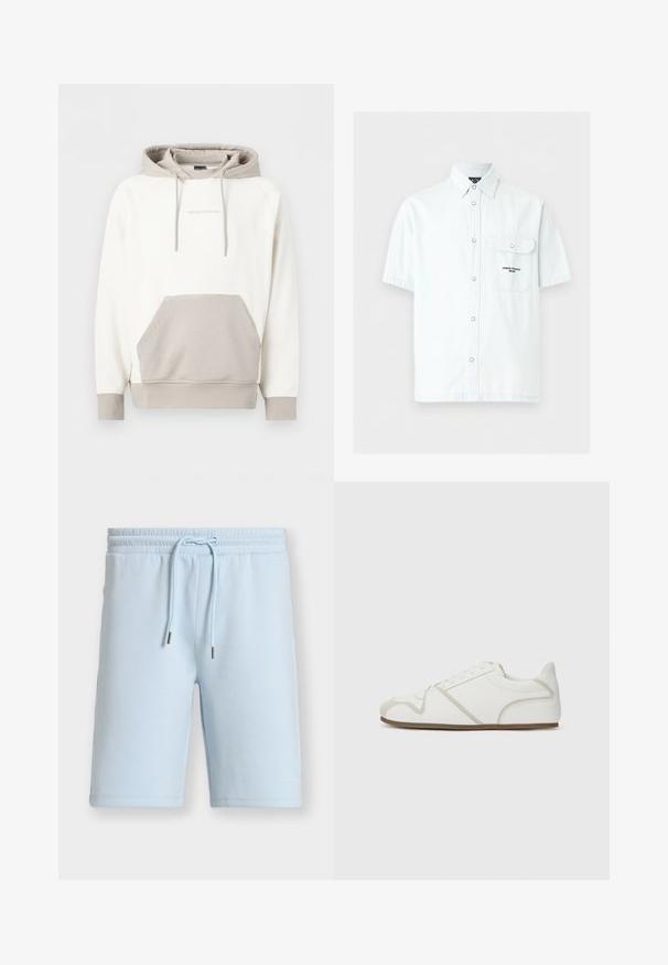 Sweat à capuche Emporio Armani blanc et beige avec poche avant kangourou et capuche à cordon, présenté sur un fond uni.; Chemise bleu clair à manches courtes avec boutons, rabat de poche avant et texte "Armani Exchange Milano" sur la poche.; Shorts bleu clair longueur genou avec taille élastique et cordon, avec un texte embossé discret près de l’ourlet inférieur sur la jambe gauche.; Baskets blanches avec une tige en tissu lisse, des accents beige, un bout arrondi et une semelle en caoutchouc. Présente un design à lacets et des coutures sur les côtés.
