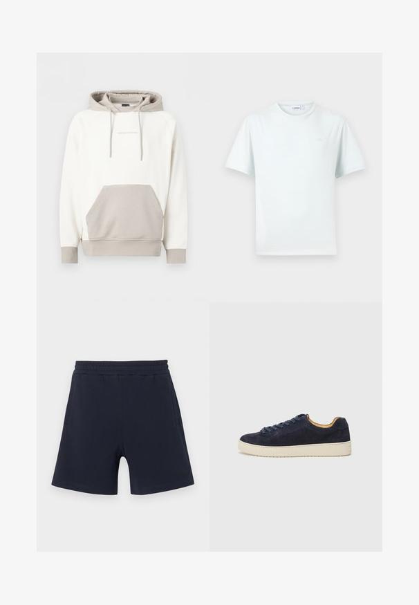 Sweat à capuche Emporio Armani blanc et beige avec poche avant kangourou et capuche à cordon, présenté sur un fond uni.; T-shirt blanc uni à manches courtes avec col rond, orné d'un logo discret sur la poitrine et d'une étiquette de marque visible à l'intérieur du col.; Shorts décontractés bleu marine avec taille élastique et poches latérales, ornés d'un logo discret sur la partie inférieure de la jambe gauche.; Baskets basses en suede bleu marine avec bout arrondi, semelle en caoutchouc blanc cassé et lacets assortis ; dotées d'une doublure intérieure contrastante couleur tan.