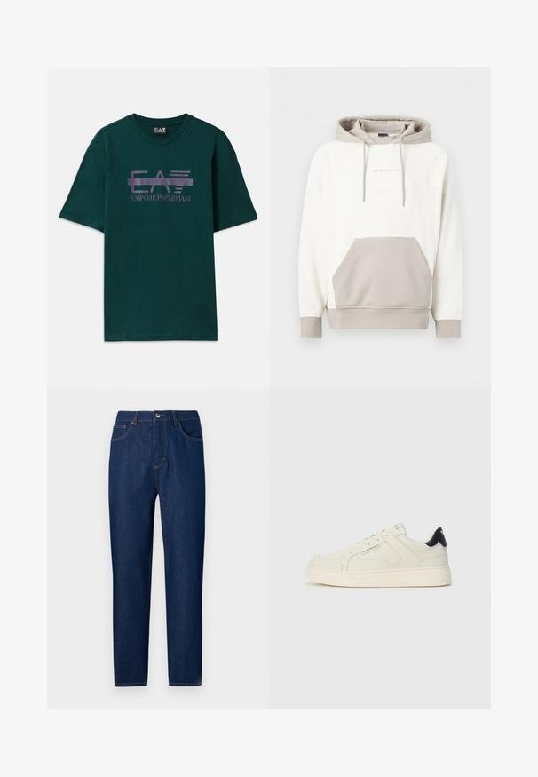 Biely a béžový mikina Emporio Armani s predným vreckom a kapucňou so sťahovacou šnúrkou, zobrazená na jednoduchom pozadí.; Tmavohnedé bavlnené tričko s fialovým potlačeným logom "EA7 Emporio Armani" na prsiach. Klasický okrúhly výstrih a krátke rukávy.; Les Benjamins Džínsy s rovným strihom - rinse wash; Biele kožené tenisky s textúrovaným dizajnom, zaoblenou špičkou a krémovou gumovou podrážkou. Majú tmavý akcent na päte a značku na boku.