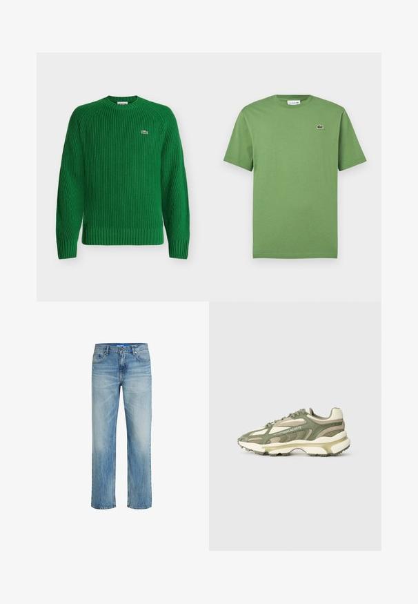 Groene gebreide trui met ronde hals, lange mouwen en een klein geborduurd krokodillenlogo op de linkerborst.; Groen T-shirt met korte mouwen en een ronde hals, voorzien van een klein geborduurd Lacoste-krokodillenlogo op de linkerborst.; Lichtblauwe denim jeans met een rechte pijp. Beschikt over een vervaagde textuur, vijfzakkenontwerp en een knoopsluiting aan de voorkant met riemlussen.; Groene en beige sportsneakers met een bovenwerk van mesh en suède, een gestructureerde tussenzool, zichtbaar vetersysteem en een gedetailleerd reliëflogo.