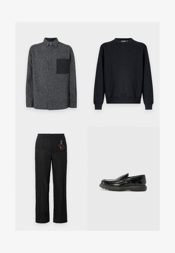 Sudadera negra hecha de mezcla de algodón. Cuello redondo, mangas largas, puños y dobladillo acanalados. Detalle sutil de logo en el pecho.; Iceberg Camisa - fantasia mix di grigi; Pantalones negros de pierna ancha, texturizados, con un acabado suave y costuras visibles; incluye una etiqueta unida por un lazo de metal plateado.; Mocasín de cuero negro con un acabado brillante, punta redondeada, detalles de costura sutiles y una suela de goma gruesa para mayor durabilidad.