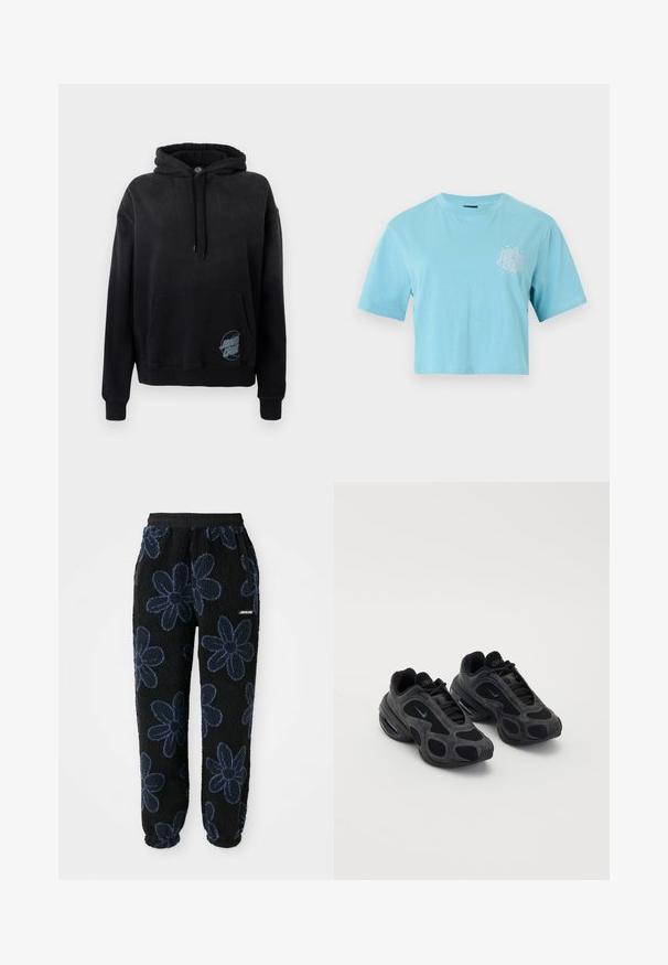 Sort bomuldshoodie med en kængurulomme, justerbar snoretræk og blåt logoaksent nederst til højre. Blød tekstur, afslappet pasform.; Lyseblå kortærmet cropped t-shirt med rund hals og lille hvidt abstrakt mønster på venstre bryst.; Fleece joggers med sort baggrund og mørkeblå blomsterdesign. Har en elastisk talje og sidelommer. Blød tekstur.; Sorte Nike sneakers med mesh- og suede-paneler, unikke udsparinger og polstrede kraver. Skinnende accenter på siderne fremhæver et moderne design.