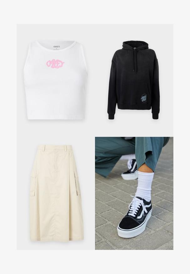 Zwarte katoenen hoodie met een kangoeroezak, verstelbare trekkoord en blauwe logo-accent aan de onderkant rechts. Zachte textuur, relaxte pasvorm.; Witte geribde cropped top met een roze "OBEY" logo in het midden. Ontworpen met een ronde halslijn en zonder mouwen.; Beige, knielange rok van katoen. Beschikt over twee zijcargo zakken en een voorplooing, met een tailleband en verborgen ritsluiting.; Zwarte suède sneaker met witte accenten en veters, uitgerust met een dikke witte zool en contrasterende stiksels, gecombineerd met een witte sok.