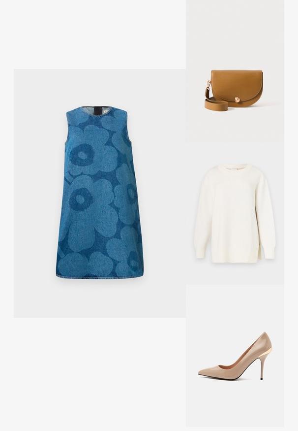 Kremfarvet sweater med tekstureret strik, rund halsudskæring og en let oversized pasform. Har lange ærmer og sidesplitter ved kanten.; Udenærmet denimkjole med et blomstermønster i forskellige nuancer af blå. Har en rund halsudskæring og en lige pasform.; Blank beige højhælet pumpe med spids tå og slank hæl, med en lille guldfarvet detalje nær hælen på en ensartet lys grå baggrund.; Brun læder crossbody taske med en rund flap, en kobberknaplukning og en aftagelig rem. Glat tekstur, minimalistisk design.