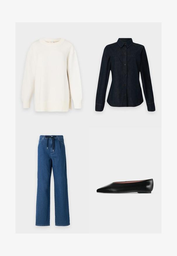 Cremefarbener Pullover mit strukturierter Strickoptik, rundem Ausschnitt und leicht übergroßem Schnitt. Verfügt über lange Ärmel und seitliche Schlitze am Saum.; CLOSED SEAMING SHIRT - Hemdbluse - dark blue; Weite, dunkelblaue Denim-Hosen mit einem Gummizugbund und vorderen Taschen. Der Stoff hat eine glatte Textur mit subtilen Nähten.; Schwarzer flacher Damenleder-Schuh mit spitzer Kappe und niedrigem Absatz, von der Seite auf einfarbigem hellgrauem Hintergrund gezeigt.