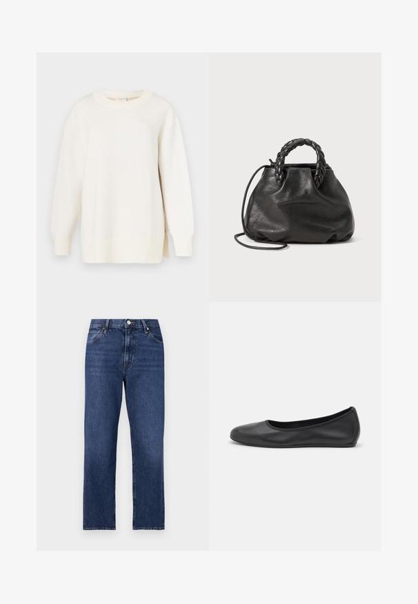 Kremfarvet sweater med tekstureret strik, rund halsudskæring og en let oversized pasform. Har lange ærmer og sidesplitter ved kanten.; Denim jeans i en mørkeblå vask. Lige ben-design med fem-lomme stil, front lukning med knap og kontrasterende syning.; Sort læderballetsko med rund tå, glat tekstur, minimal syning og et fleksibelt såldesign.; Sort læderhåndtaske med fletede håndtag, blød tekstur, rund form og justerbar skulderrem. Simpelt, uimodificeret design.