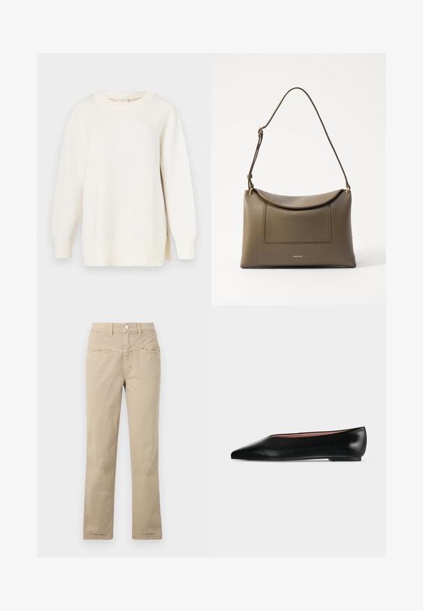 Pull de couleur crème avec un tricot texturé, un col rond et une coupe légèrement oversize. Il comporte des manches longues et des fentes latérales à l'ourlet.; Pantalon beige en coton avec une coupe droite, doté d'une fermeture à bouton sur le devant, de deux poches sur le devant et de détails de couture subtils.; Chaussure plate en cuir noir pour femme, avec bout pointu et petit talon, vue de côté sur un fond gris clair uni.; Sac à main en cuir vert olive avec une surface texturée, une fermeture à rabat et une bandoulière réglable. Comprend une poche frontale et des accessoires en métal doré.