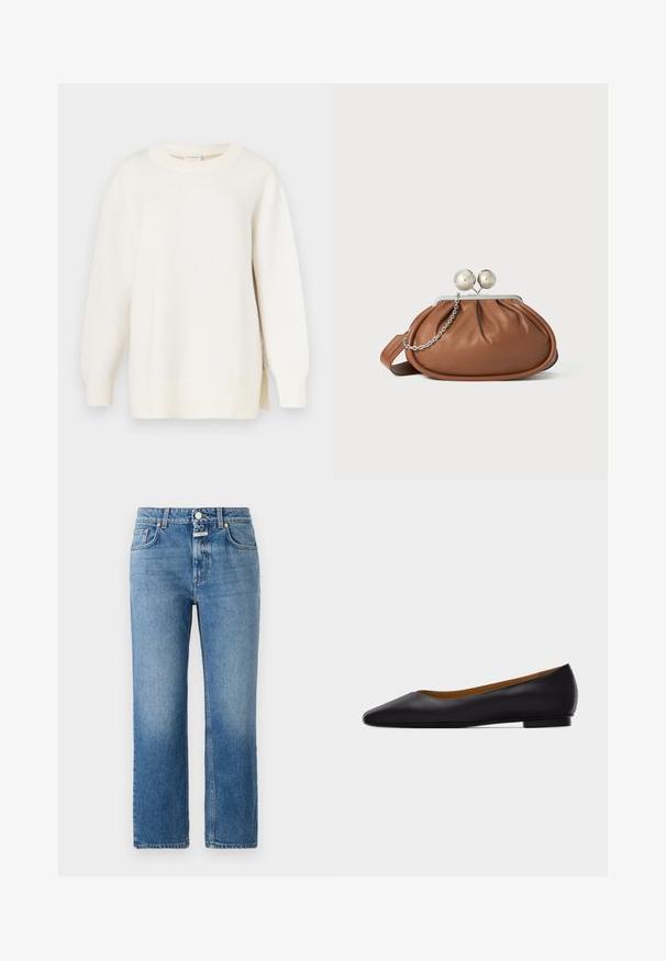 Kremfarvet sweater med tekstureret strik, rund halsudskæring og en let oversized pasform. Har lange ærmer og sidesplitter ved kanten.; CLOSED MILO - Jeans Straight Leg - mid blue; Sort læder flad sko med spids tå, lav hæl og glat finish, vist fra siden på en lysegrå baggrund.; Brun læder clutch-pung med sølv kugleklap og en lille sølv kædedetalje på en hvid baggrund.