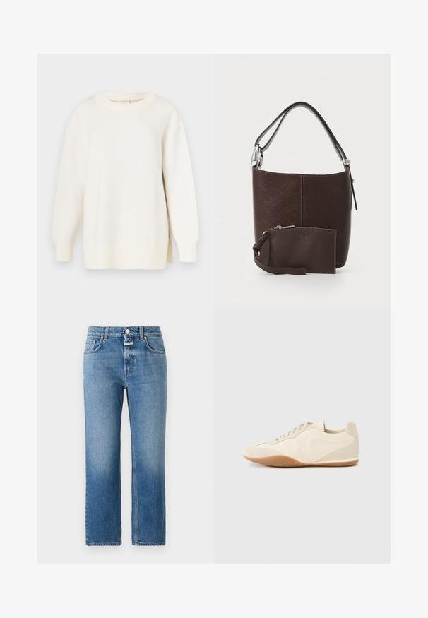 Kremfarvet sweater med tekstureret strik, rund halsudskæring og en let oversized pasform. Har lange ærmer og sidesplitter ved kanten.; CLOSED MILO - Jeans Straight Leg - mid blue; Lyse beige sneakers med en tekstureret læderoverdel, teksturerede sider og en gummisål. Har et slankt, strømlinet design og flade snørebånd.; Brun læder bucket taske med tekstureret overflade, der har en kortere rem og en matchende lynlåsgjort pung med håndledsrem.