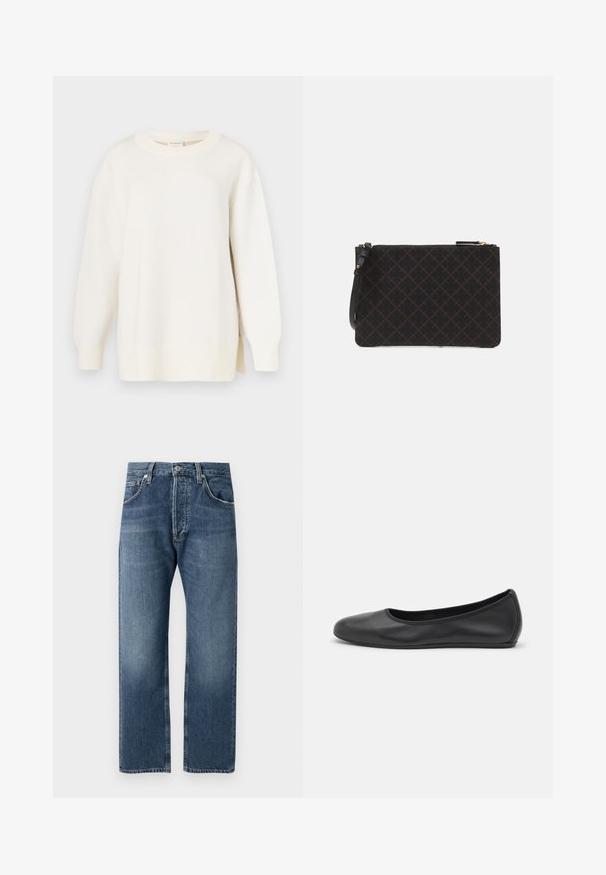 Cremefarbener Pullover mit strukturierter Strickoptik, rundem Ausschnitt und leicht übergroßem Schnitt. Verfügt über lange Ärmel und seitliche Schlitze am Saum.; Blaue gerade geschnittene Jeans aus Denim mit klassischem Fünf-Taschen-Design und Knopfverschluss, vor einem weißen Hintergrund präsentiert.; Schwarze Leder-Ballettschuhe mit abgerundeter Spitze, glatter Textur, minimalen Nähdetails und einem flexiblen Sohlen-Design.; Schwarze strukturierte Clutch-Tasche mit einem Diamantmuster, ausgestattet mit einem Reißverschluss und einem abnehmbaren Riemen. Goldene Hardware-Details am Reißverschluss.