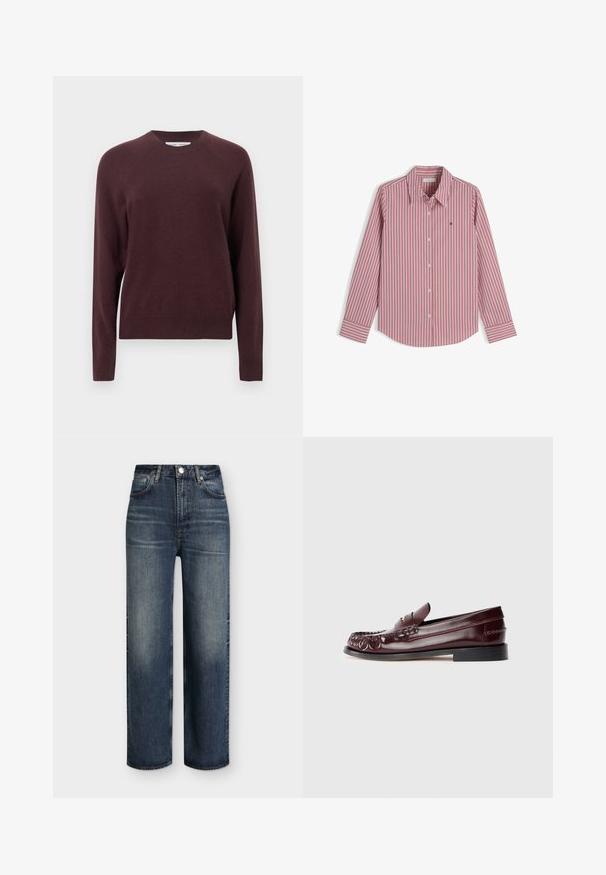 Pull en maille bordeaux avec un col rond, des manches raglan et des poignets et ourlet côtelés. Texture douce, design décontracté, poids moyen.; Chemise à rayures verticales rouges et blanches à manches longues avec col et petit logo brodé sur la poitrine, présentée à plat sur fond blanc.; Jean droit taille haute bleu foncé avec poches avant, passants de ceinture, fermeture par bouton et détails délavés subtils sur les cuisses et les genoux.; Mocassin penny en cuir bordeaux avec semelle noire et détail en métal doré sur le dessus, présenté en vue latérale sur fond blanc.