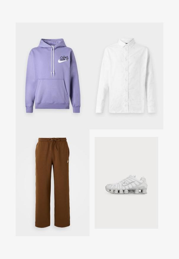 Violetti huppari, jossa on nyörillinen huppu, etutasku ja musta "Vibe" -logo Nike-swooshin kanssa. Valmistettu pehmeästä kankaasta, jossa on ribbireunat.; Valkoinen pitkähihaisen paita, joka on valmistettu puuvillasta, ja jossa on hienovarainen brodeeraus koko paidan ympäri, nappikaulus ja etunappikiinnitys.; Ruske sweatpants laget av mykt stoff, med elastisk midjebånd og snor, sidelommer, og en hvit logo på venstre side.; Valkoinen urheilukenkä, jossa on ainutlaatuinen kevään kaltainen pohja ja hopean värinen Nike-swoosh-logo sivulla, esitetty ulkopuolelta.