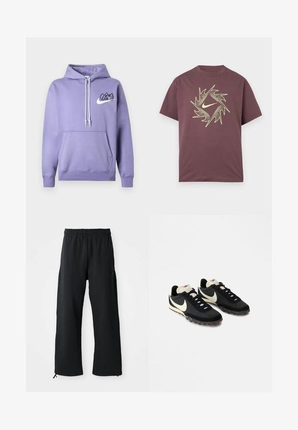 Lilla hættejakke med snøre i hætten, frontlomme og sort "Vibe" logo med Nike swoosh. Fremstillet af blødt stof med ribkantede manchetter.; Kortærmet bordeaux T-shirt med et abstrakt, neon gult, spidset cirkeldesign og en central swoosh-logo på brystet.; Sorte bukser med brede ben lavet af blødt stof, med elastisk talje og snøre, sidelommer og en glat overflade.; Sorte sportssko med en struktureret overdel, hvid swoosh-logo og gummisål med små stik til trækkraft. Elfenbensfarvet krave.