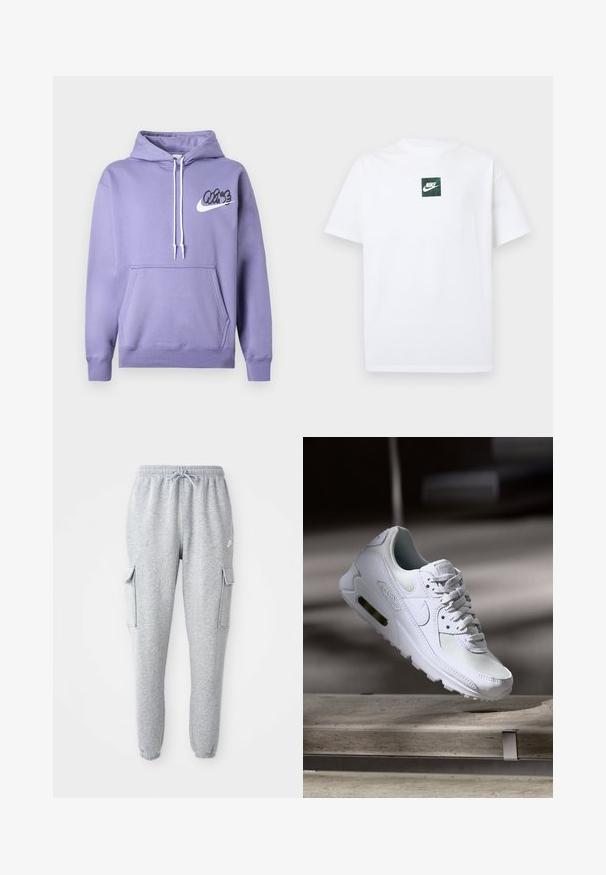 Fialová mikina s kapucňou na šnúrku, prednou vreckom a čiernym logom "Vibe" so symbolom Nike. Vyrobená z mäkkého materiálu s rebrovanými manžetami.; Biele krátke tričko s krátkym rukávom od Nike s malým zeleným štvorcovým logom, ktoré obsahuje logo Nike Swoosh a text umiestnený v strede na hrudi.; Sivé tepláky vyrobené z jemného materiálu, s elastickým pásom so šnúrkou, dvomi bočnými cargo vreckami a zúženými manžetami.; Biele tenisky Nike Air Max 90 s vrchnou časťou z kože a sieťoviny, perforovanou špičkou a viditeľnou vzduchovou jednotkou v päte.