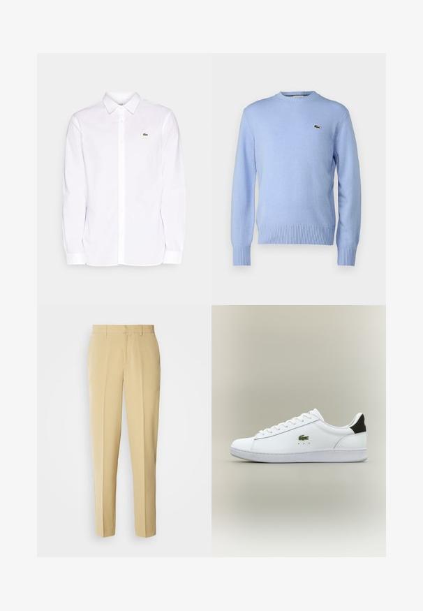 Suéter de punto azul claro con dobladillo y puños acanalados, que presenta un pequeño logo de cocodrilo verde en el pecho. Diseño clásico de cuello redondo.; Camisa blanca de manga larga hecha de algodón, que presenta un collar tipo button-down, un logo bordado verde en el lado izquierdo del pecho y puños rectos.; Pantalones beige a medida con corte recto, frente plano y bolsillos laterales. Fabricados con una tela suave con un ligero brillo.; Zapatilla blanca de cuero con un acabado suave, que presenta un logo de cocodrilo bordado en verde, suela blanca plana y acento en negro en el talón.