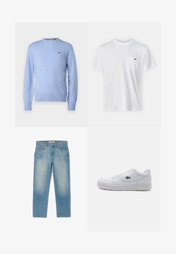 Helles blaues Strickpullover mit geripptem Saum und Bündchen, ausgestattet mit einem kleinen grünen Krokodil-Logo auf der Brust. Klassisches Rundhalsdesign.; Weißes Baumwoll-T-Shirt mit Rundhalsausschnitt und kurzen Ärmeln. Verfügt über eine linke Brusttasche und ein kleines grünes Lacoste-Logo.; Helle blaue Denim-Jeans mit geradem Bein, fünf Taschen und einer leicht abgeriebenen Waschung. Merkmale sind silberne Hardware und ein Markenetikett am Bund.; Weiße Ledersneaker mit perforierter Zehenpartie und einem grünen Krokodil-Logo an der Außenseite. Sie verfügen über eine flache Sohle und ein Schnürdesign.