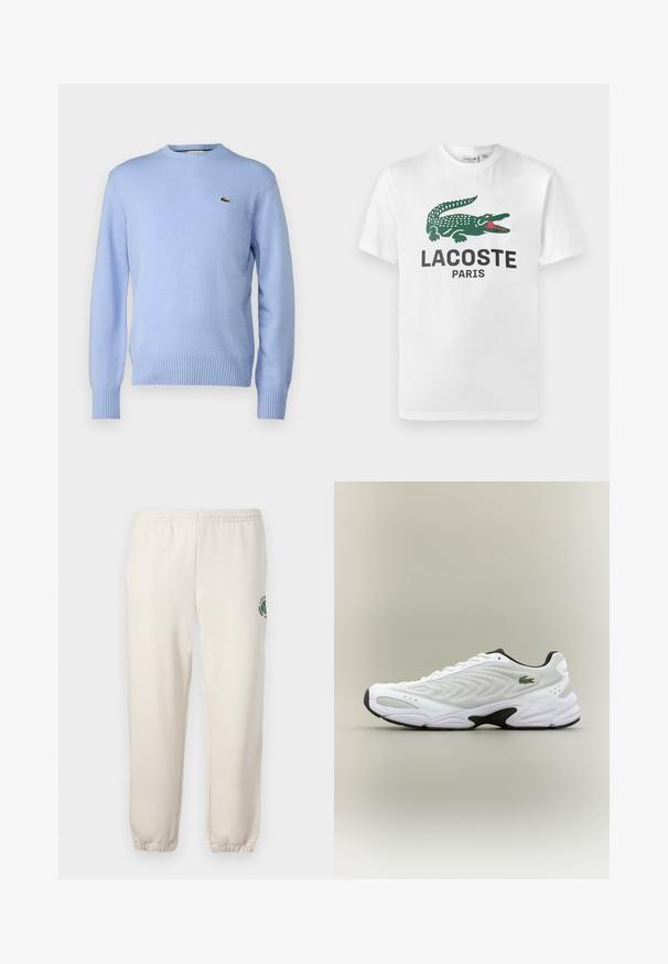 Lyseblå strikket sweater med ribbestrikket kant og manchetter, prydet med et lille grønt krokodillelogo på brystet. Klassisk crew neck design.; Lacoste T-shirts print - white; Lys beige sweatpants lavet af bomuld, med elastisk talje, ribbede mansjetter og et grønt logo med bladdesign på venstre ben.; Hvide atletiske sko med tekstureret mesh-overdel, buet design og kontrasterende sort ydersål. Har en grøn broderet logo på siden.