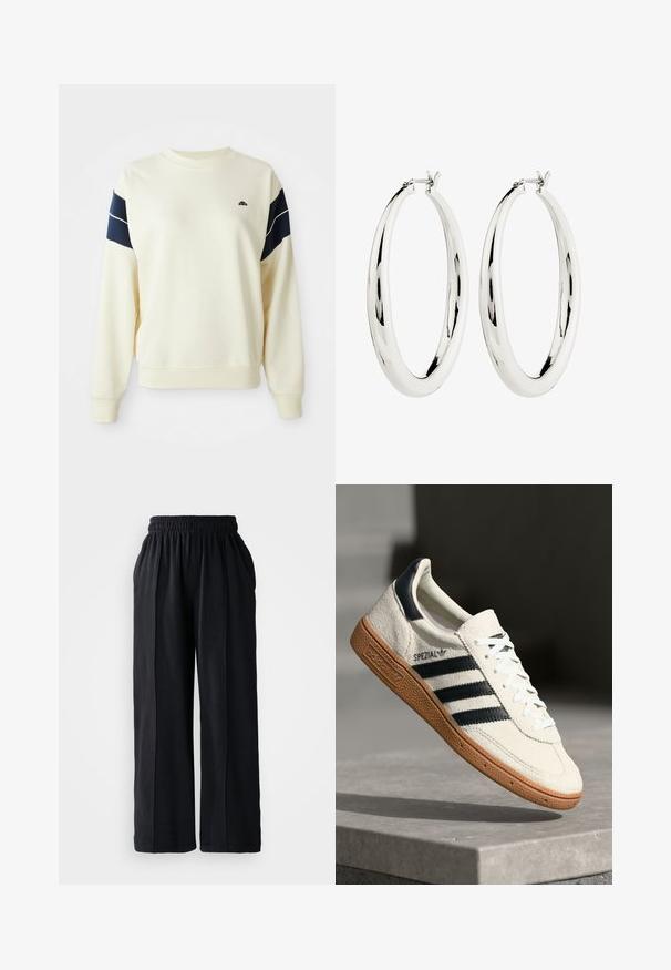 Cremefarvet sweatshirt med marineblå accentstriber på ærmerne, ribbede manchetter og rund halsudskæring. Har et lille logo på brystet.; Sorte brede bukser med elastisk linning, lavet af blødt stof, der har en glat tekstur og rene designlinjer.; Hvide ruskinds sneakers med marineblå striber, gummisål, struktureret overdel, rund tå og snøring; har branding på siden og tungen.; Sølv hoops øreringe med en glat, reflekterende overflade. Rund, stor form med en sikker lås øverst. Den polerede finish fremhæver glansen.