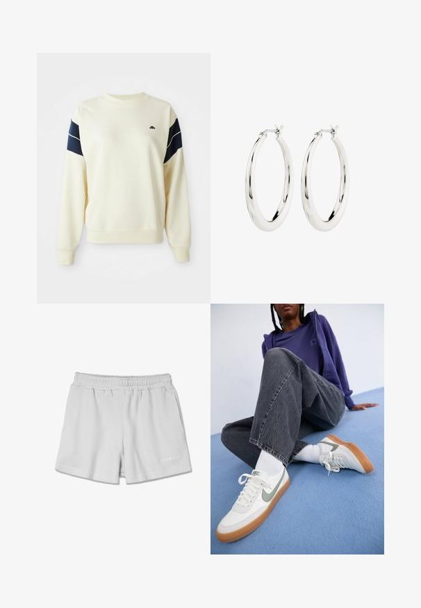 Sudadera color crema con rayas de acento en azul marino en las mangas, puños acanalados y cuello redondo. Presenta un pequeño logo en el pecho.; Pantalones cortos de canalé gris claro con una cinturilla elástica, que presentan dos bolsillos laterales y un pequeño logo blanco en la parte inferior derecha.; Zapatillas Nike blancas con detalles gris, suela de goma, usadas con calcetines blancos. Pantalones vaqueros de pierna ancha en gris oscuro, ligeramente desgastados. Fondo azul.; Pendientes de aro de plata con un acabado suave y brillante. Forma circular, con un cierre seguro. Diseño sencillo y elegante.
