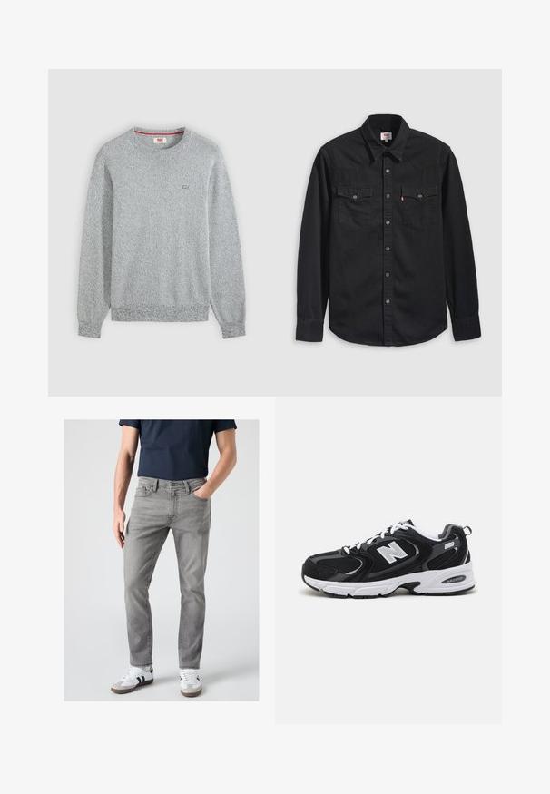 Lysegrå tekstureret strik crewneck sweater med lange ærmer og en lille Levi's-logo på venstre bryst.; Sort denimskjorte med knapper foran, to brystlommer og en spids krave med synlige syningsdetaljer.; Mand iført grå slim-fit jeans, hvide sneakers med sorte striber og en mørkeblå kortærmet skjorte, står med den ene hånd i lommen.; Sorte og grå sportssko med mesh og ruskind på overdelen, der har en hvid mellemsål, snørebånd og et iøjnefaldende "N" logo på siden.