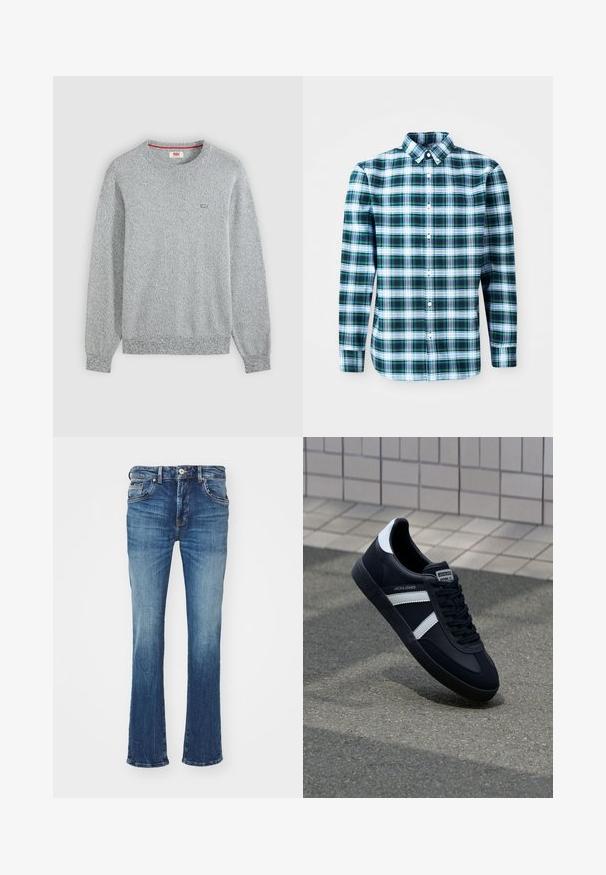 Jersey de punto texturizado gris claro con cuello redondo, mangas largas y un pequeño logo de Levi's en el pecho izquierdo.; Camisa de manga larga a cuadros verdes y blancos con collar tipo button-down y botones frontales. Hecha de una tela ligera, presenta un diseño estructurado.; Vaqueros de denim, lavado azul claro, diseño de pierna acampanada, cinco bolsillos, cierre con botón de metal y cremallera, patrones de desvanecimiento sutil, estilo casual.; Zapatilla de cuero negra con rayas blancas, suela de goma texturizada y parte frontal con cordones. Cuenta con una etiqueta de marca en la lengüeta.