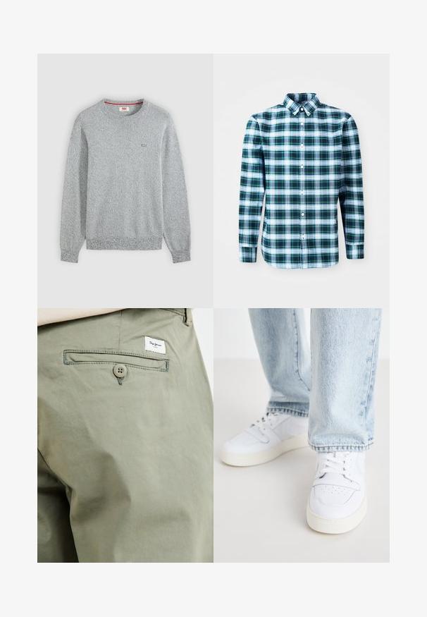 Lichtgrijze, gestructureerde, gebreide trui met ronde hals, lange mouwen en een klein Levi’s-logo op de linkerborst.; Groene en witte geblokte overhemd met lange mouwen, een button-down kraag en knopen aan de voorkant. Gemaakt van lichtgewicht stof, met een gestructureerd ontwerp.; Licht olijfgroene katoenen broek met een achterzak, voorzien van een knoopsluiting en een klein merkembleem dat boven de zak is gestikt.; Witte leren lage sneakers met geperforeerde neus, platte veters en een minimalistisch ontwerp. Gecombineerd met lichtblauwe denim jeans.