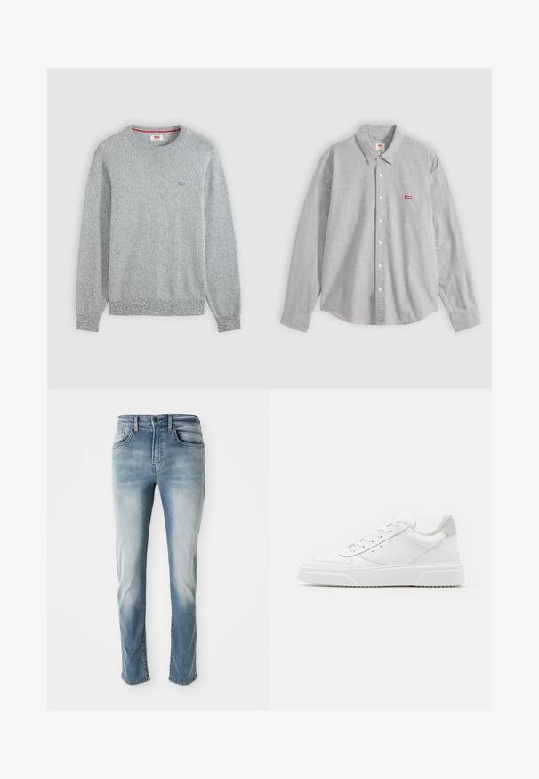 Pull en maille texturée gris clair à col rond avec manches longues et petit logo Levi's sur la poitrine gauche.; Chemise gris clair à manches longues avec boutons et col, petit logo rouge Levi's sur la poitrine gauche, posée à plat sur fond blanc.; Jeans en denim bleu clair avec un design classique à cinq poches, une décoloration subtile et une coupe droite. Comprend une fermeture à bouton et des passants de ceinture.; Des baskets en cuir blanc avec une finition lisse, un bout rond, des lacets plats et une semelle texturée. Accents en daim gris au niveau du talon.
