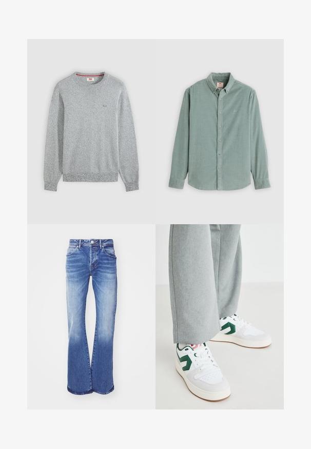 Svetlosivý pletený sveter s okrúhlym výstrihom, dlhými rukávmi a malým logom Levi's na ľavej strane hrude.; Svetlozelená košeľa s dlhým rukávom na gombíky, s golierom a manžetami, položená na bielom pozadí.; Svetlomodré deninové rozšírené džínsy s vyblednutým praním, s piatimi vreckami, zapínaním na gombík a prešitím pozdĺž švov. Široký otvor na nohavice.; Biele a zelené tenisky zo hladkej kože a semišu, s výrazným zeleným logom a bielymi šnúrkami. Šedé nohavice sú čiastočne viditeľné.