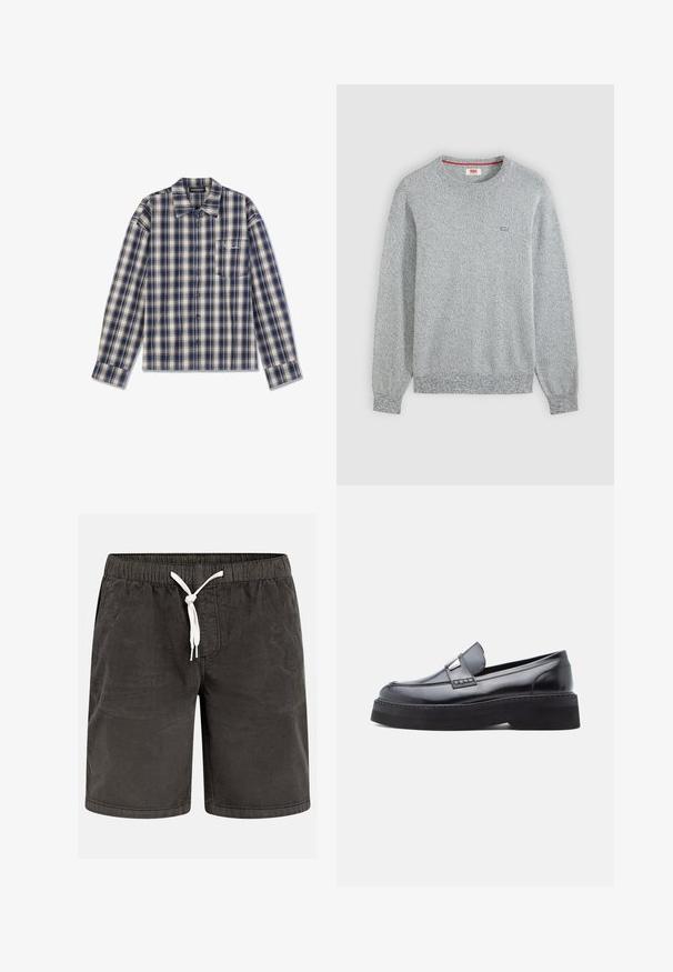 Svetlosivý pletený sveter s okrúhlym výstrihom, dlhými rukávmi a malým logom Levi's na ľavej strane hrude.; Dlhý rukáv, károvaná košeľa v námorníckej modrej a krémovej farbe s zapínaním na gombíky, golierom a malou náprsné vreckom so bielym textom.; Tmavomodré krátke nohavice z manšestera s elastickým pásom a bielou šnúrkou zviazanou na uzol vpredu.; Čierna lakovaná kožená mokasína s okrúhlou špičkou, dekoračnou prackou a hrubou čiernou platformovou podrážkou, s hladkým a lesklým povrchom.
