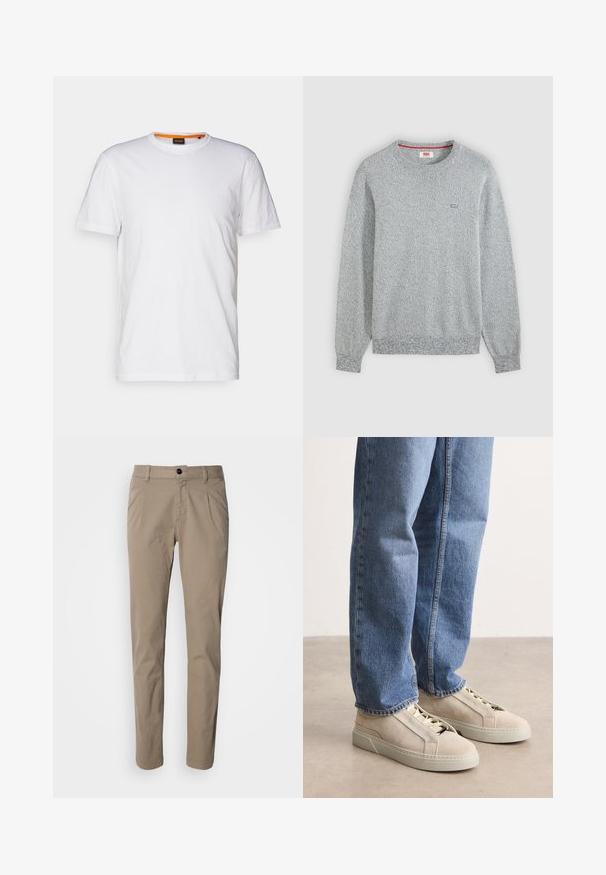 Lichtgrijze, gestructureerde, gebreide trui met ronde hals, lange mouwen en een klein Levi’s-logo op de linkerborst.; Witte katoenen T-shirt met ronde hals, korte mouwen en een subtiel reliëflogo op de borst. Het binnenlabel heeft een oranje accent.; Beige katoenen broek met rechte snit, voorzien van een knoopsluiting en twee voorzakken. Gladde textuur en lichtgewicht stof.; BOSS GARYTENN_SDHDEL - Sneakers laag - natural ten