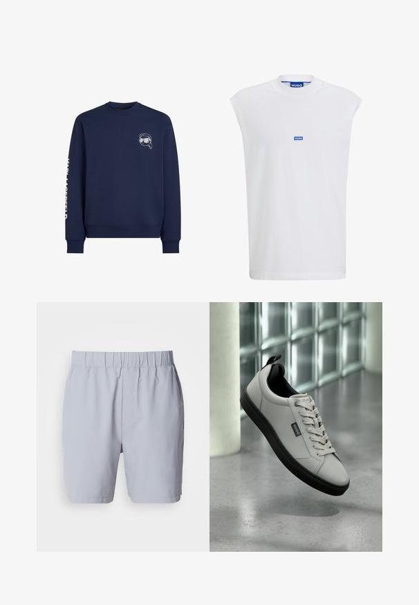 Marineblauwe sweatshirt van een katoenmengsel, met een kleine geborduurde zonnebrilgrafiek op de borst en tekst langs de linkermouw.; Witte mouwloze T-shirt gemaakt van katoen, met een ronde halslijn en een klein blauw HUGO-logo aan de voorkant. Groene textuur, eenvoudig ontwerp.; Lichtgrijze zwembroek met een elastische tailleband, twee zijzakken en een gladde, lichte stof. Geen zichtbare patronen of versieringen.; Lichtgrijze sneakers van glad leer, met zwarte accenten en een rubberen zool. Veters zijn netjes gestrikt en er is een merklabel zichtbaar.
