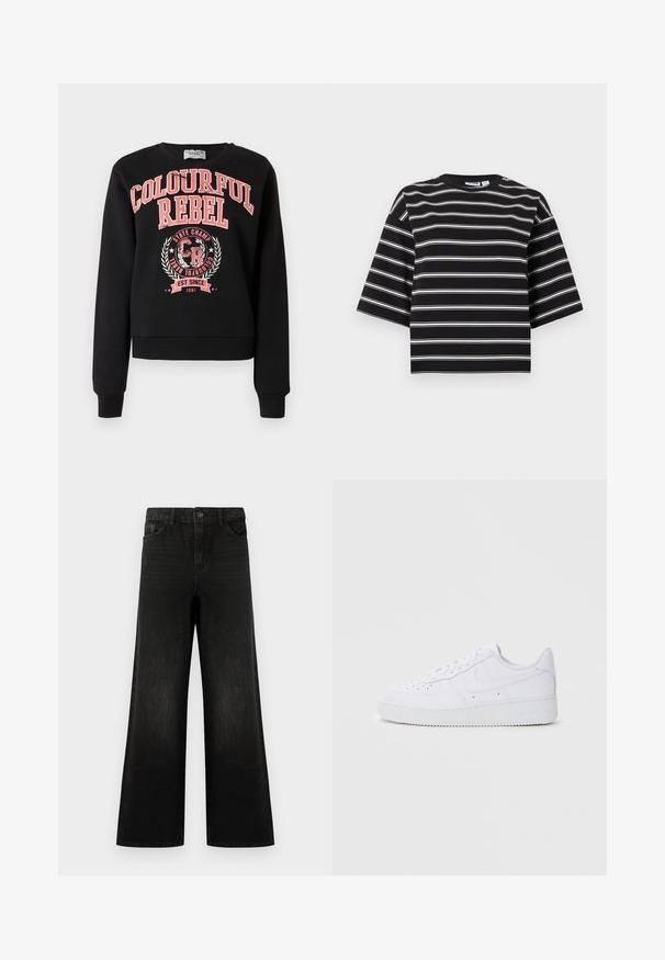 Sort sweatshirt med lange ærmer, rund halsudskæring og elastiske manchetter. Har iøjnefaldende rød tekst "COLOURFUL REBEL" og et grafisk logo design.; Sort kortærmet skjorte med hvide vandrette striber og rund halsudskæring, vist mod en ensartet lys baggrund.; Sorte brede jeans lavet af denim, med knaplukning foran, bæltestropper og fire lommer, der har en glat tekstur og let falmning.; Hvide Nike Air Force 1 sneakers med læderoverdel, rund tå, snørelukning, polstret krave og struktureret gummisål.