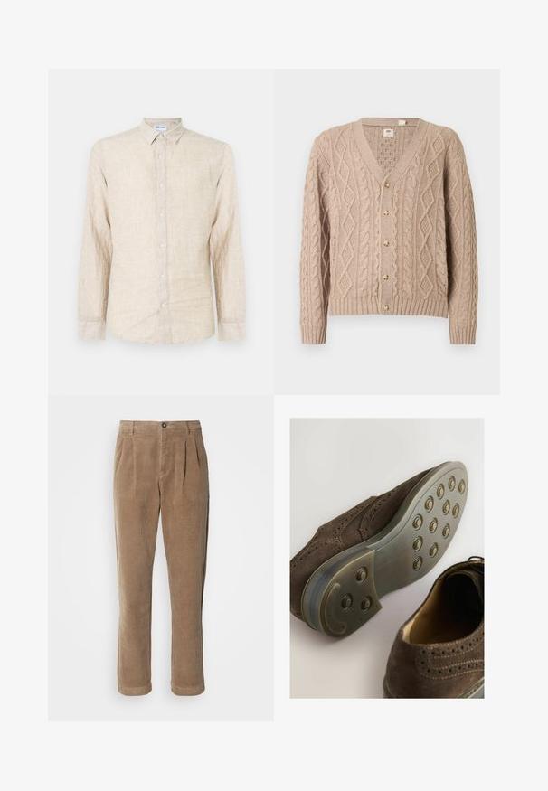 Cardigan beige de punto grueso con escote en V, seis botones en la parte delantera y puños y dobladillo acanalados.; Camisa de manga larga beige hecha de tela texturizada, con un cuello clásico, cierre de botones y un corte relajado.; Pantalones de pana marrones con un diseño de cintura alta, que presentan pliegues frontales, un cierre de botón y piernas rectas. Se puede ver la textura de la tela.; Zapato oxford de ante marrón con punta redondeada, diseño perforado y suela de goma con patrones de tracción circulares.