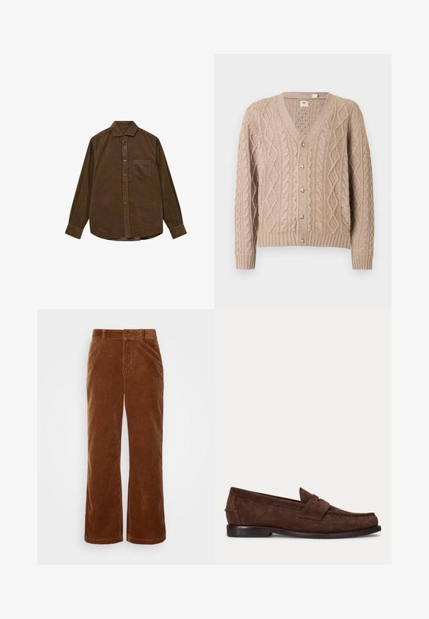 Beige kabelstrikket cardigan med V-udskæring, seks knapper foran og ribstrikkede manchetter og kant.; Brun kordfløjls skjorte med lange ærmer, knap-ned krave, frontlomme og struktureret ribbet overflade. Har sølvfarvede knapper.; Brune fløjl bukser med et bredbenet design, der har vertikalt ribbet tekstur, en knaplukning og standard bælteløkker.; Brun ruskind penny loafer med lav hæl og synlig syning langs tåen, siden og bagpå, vist på ensartet lys baggrund.