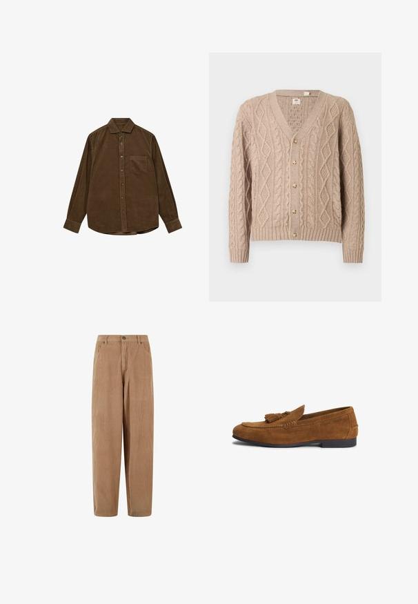 Beige kabelstrikket cardigan med V-udskæring, seks knapper foran og ribstrikkede manchetter og kant.; Brun kordfløjls skjorte med lange ærmer, knap-ned krave, frontlomme og struktureret ribbet overflade. Har sølvfarvede knapper.; Kamelsnore bukser i lys brun med lige ben-design, med knaplukning og sidelommer, struktureret ribbet overflade.; Brun herre loafer i ruskind med kvastdetalje og lav sort sål, siden præget med mærkets navn.