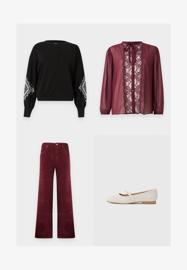 Sort sweatshirt med rund halsudskæring, der har lange ærmer og hvide geometriske mønstre på manchetterne. Fremstillet af blødt, åndbart stof.; Bourgognebluse med lange ærmer, blondepanel foran, knaplukning og bindedetalje ved halsen. Gennemsigtigt stof med rynkede skuldre.; Vinrøde vidde bukser i fløjl med høj talje, knap- og lynlåslukning foran samt forlommer.; Flade sko i blødt beige materiale med en spids tådesign. Har en dekorativ rem med hvide perledetaljer. Lav hæl.