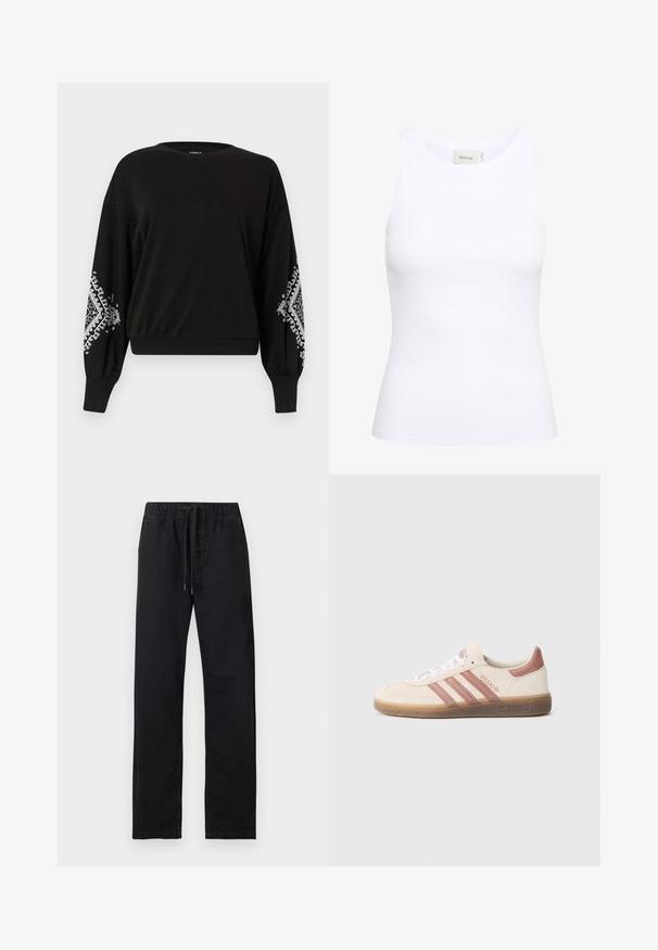 Sweatshirt noir avec un col rond, doté de manches longues et de motifs géométriques blancs sur les poignets. Fabriqué en tissu doux et respirant.; Débardeur blanc côtelé avec un col rond et sans manches. Tissu extensible et design ajusté. Étiquette au dos indiquant "GESTUZ."; Pantalon noir à jambes droites avec taille élastique et cordon noir, présenté à plat sur un fond blanc.; Baskets en daim beige avec des accents roses, trois bandes roses, des lacets blancs et une semelle en gomme transparente. Marque "Spezial" sur le côté.