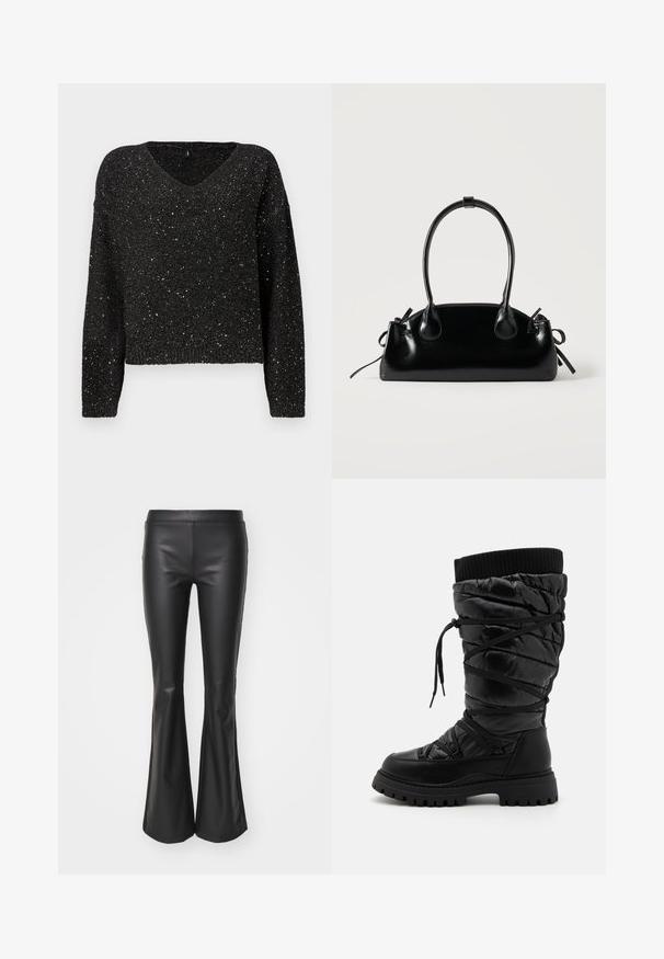 Pull noir à col en V, avec une coupe décontractée, présentant un tricot texturé avec des paillettes argentées pour un éclat supplémentaire. Manches longues avec des poignets côtelés.; Pantalons évasés en simili cuir noir avec une texture lisse et une taille élastique ; ajustés au niveau des cuisses avant de s'évaser en bas.; Bottes noires montantes en cuir avec une texture matelassée, dotées d'un laçage, d'un revers côtelé contrastant en haut et d'une semelle épaisse et robuste.; Petit sac à main noir brillant avec deux longues anses et des détails à cordon sur les côtés sur un fond clair uni.