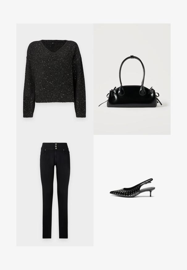 Sort V-hals sweater med løs pasform, der har en tekstureret strik med sølvfarvede glittere for ekstra glans. Lange ærmer med ribbede manchetter.; Sorte denim skinny jeans med høj talje, forsynet med tre knapper foran, to sidelommer og en glat overflade.; Sorte læderslingback hæle med spids tå og lille hæl. Dekoreret med metalliske nitter langs overdelen for ekstra tekstur.; Lille sort blank håndtaske med to lange håndtag og snøre-detaljer i siden på en ensfarvet lys baggrund.