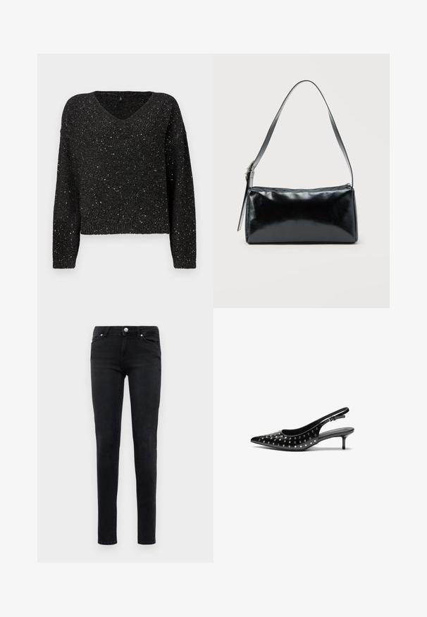 Sort V-hals sweater med løs pasform, der har en tekstureret strik med sølvfarvede glittere for ekstra glans. Lange ærmer med ribbede manchetter.; Sorte slim-fit jeans med fem lommer, knaplukning og bæltestropper, vist mod en hvid baggrund.; Sorte læderslingback hæle med spids tå og lille hæl. Dekoreret med metalliske nitter langs overdelen for ekstra tekstur.; Sort rektangulær skuldertaske med en enkelt justerbar rem og lynlås i toppen på en ensfarvet baggrund.