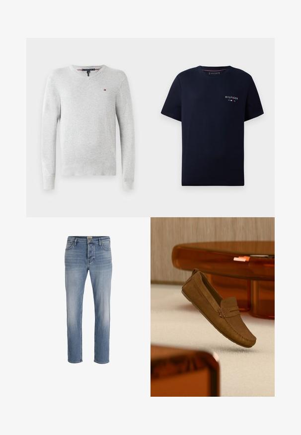 Hellgrauer Pullover aus Strickstoff, mit V-Ausschnitt, langen Ärmeln und einem kleinen Logo auf der Brust. Glatte Textur.; Navyblaue Baumwoll-T-Shirt mit kurzen Ärmeln, rundem Ausschnitt und einem kleinen weißen Logo "HILFIGER 1985" auf der Brust. Weiche Textur.; Hellblaue Denim-Jeans im geraden Schnitt, mit leichter Verwaschung auf der Vorderseite, Fünf-Taschen-Design und einem Metallknopfverschluss an der Taille.; Brauner Wildleder-Loafer mit gesteppten Details, der über einem beigen Teppich schwebt, mit orangenen, durchscheinenden Möbeln im Hintergrund.