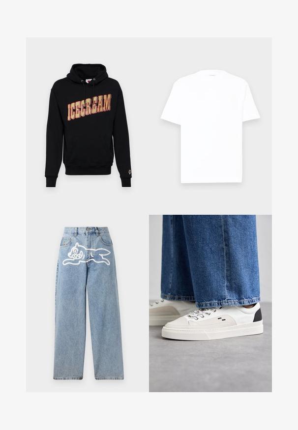 Sort hættetrøje med "ICECREAM" grafik i gul og rød, med en kangaroo lomme og et lille is icon på ærmet. I bomulds materiale.; Hvid bomulds T-shirt med rund hals, korte ærmer og en afslappet pasform. Glat tekstur, minimal dekoration og ingen mønstre eller grafik.; Lysblå denimjeans med en afslappet, bred pasform. Har et hvidt motiv af en løbende kat på bagsiden. Klassisk fem-lomme design.; Hvide og sorte sneakers med en glat læderoverdel, teksturerede detaljer og en kraftig hvid sål. Har et klassisk snørebåndsdesign.