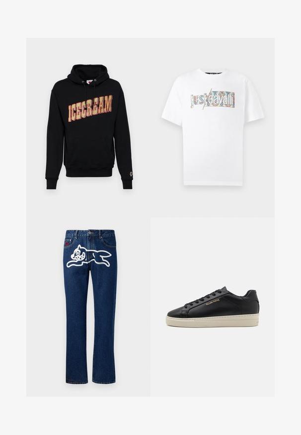 Sort hættetrøje med "ICECREAM" grafik i gul og rød, med en kangaroo lomme og et lille is icon på ærmet. I bomulds materiale.; Hvid kortærmet t-shirt med teksten "Just Cavalli" fyldt med et farverigt blomsterprint og en diagonal linje gennem teksten.; Blå denim jeans med lige ben, der har et stort hvidt grafisk motiv af et springende væsen på den bageste lomme. Standard femlomme-design.; Sorte lædersneakers med en glat finish, kontrasterende cremefarvet sål, rund tå, guld logo på siden og seks huller til snørebånd.